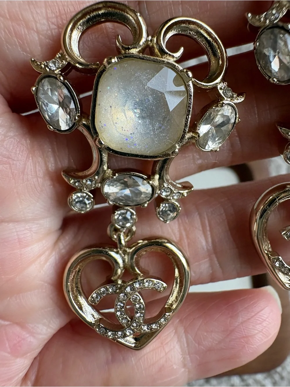 CHANEL Gold Heart Drop Earrings with Crystal Accents